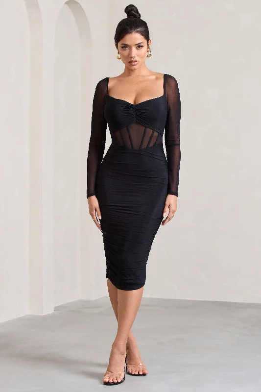 Abiba | Black Ruched Front Corset Midi Dress With Long Sleeves