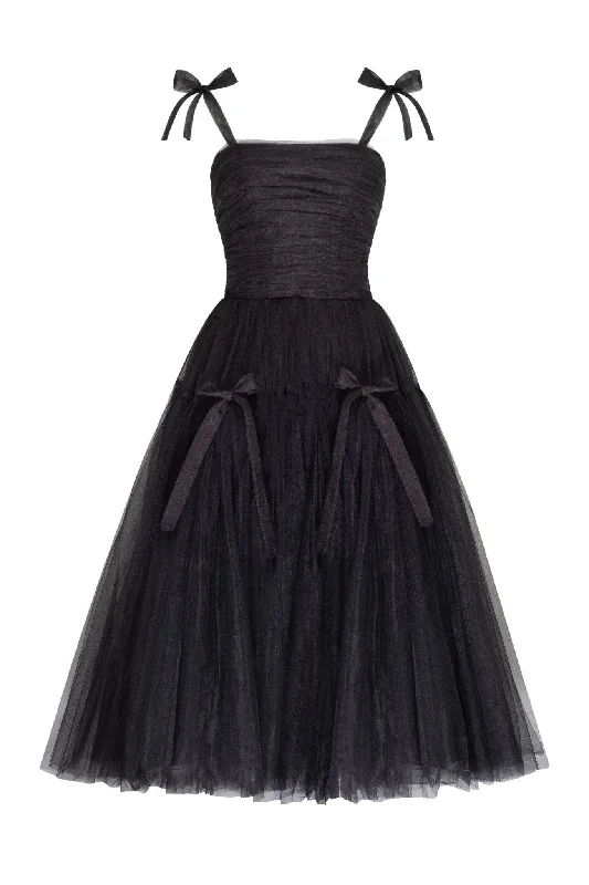 Adorable midi tie-strap black tulle dress