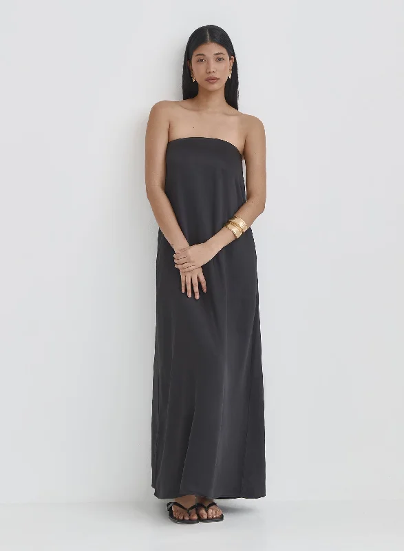 Black Satin Bandeau Maxi Dress- Meggan