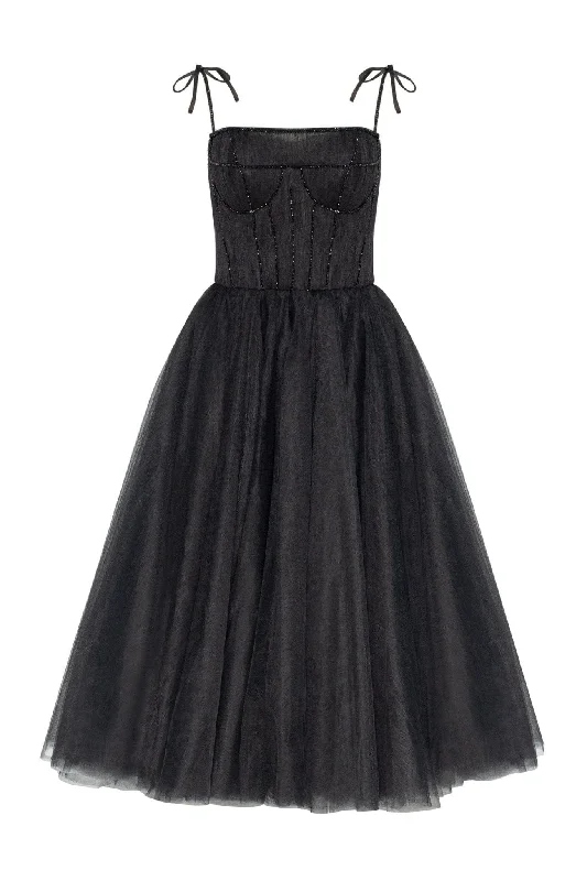 Black Tie-strap cocktail dress with the elegant corset embroidery