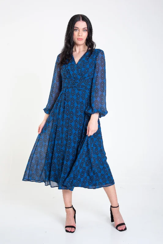 Blue Full Sleeve Tie Back Midi Dress