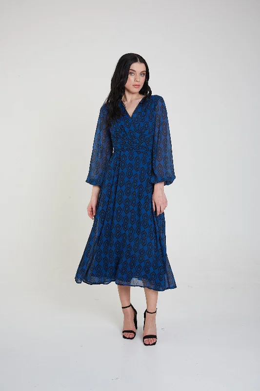 Blue Full Sleeve Tie Back Midi Dress