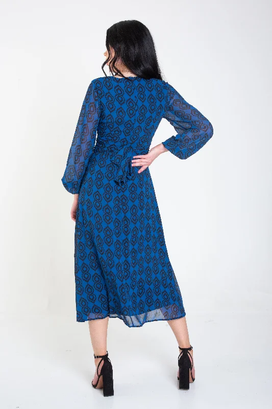 Blue Full Sleeve Tie Back Midi Dress