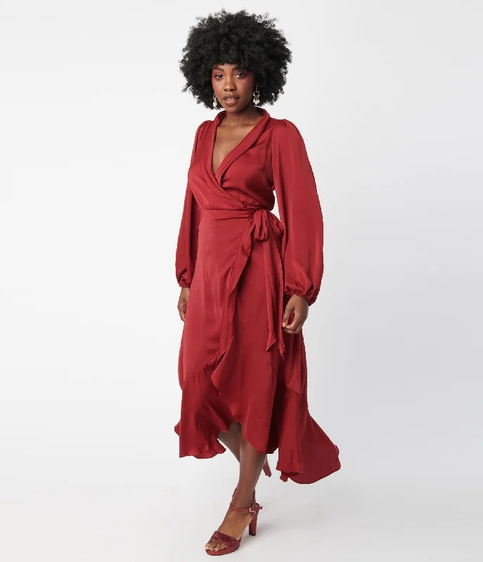 Burgundy Ruffle Midi Wrap Dress