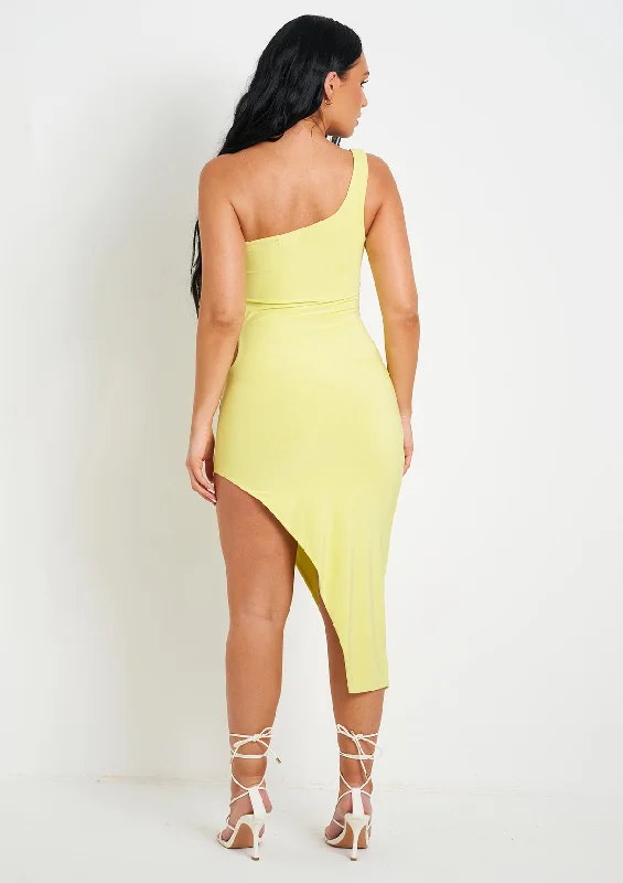 Chantria Lime Double Layer Slinky Cut Out One Shoulder Midi Dress