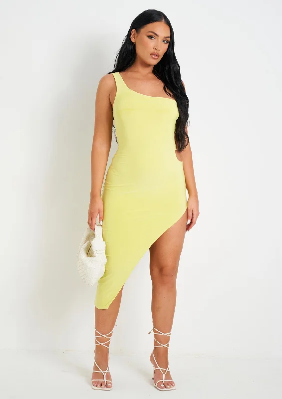 Chantria Lime Double Layer Slinky Cut Out One Shoulder Midi Dress