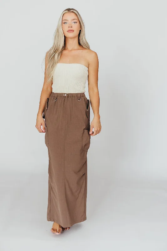 Blaine Cargo Maxi Skirt with Drawstring Waist in Brown