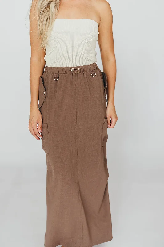 Blaine Cargo Maxi Skirt with Drawstring Waist in Brown