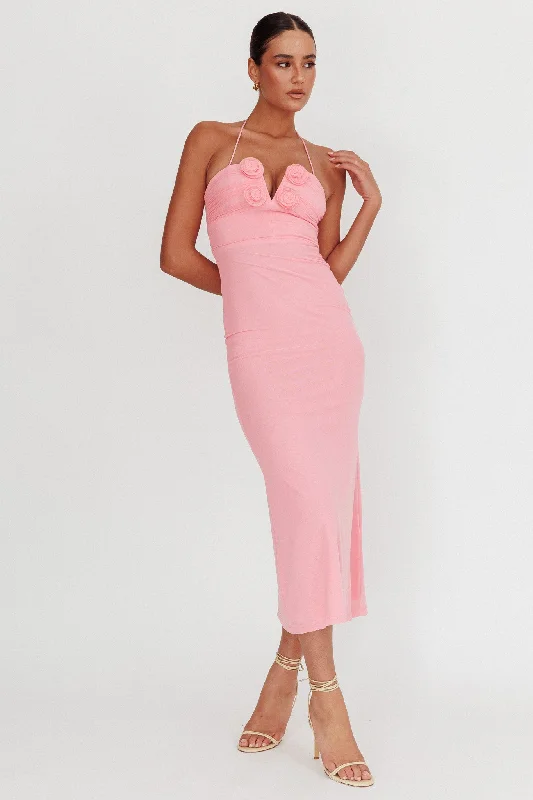 Elderberry Bodycon Halter Neck Midi Dress Pink