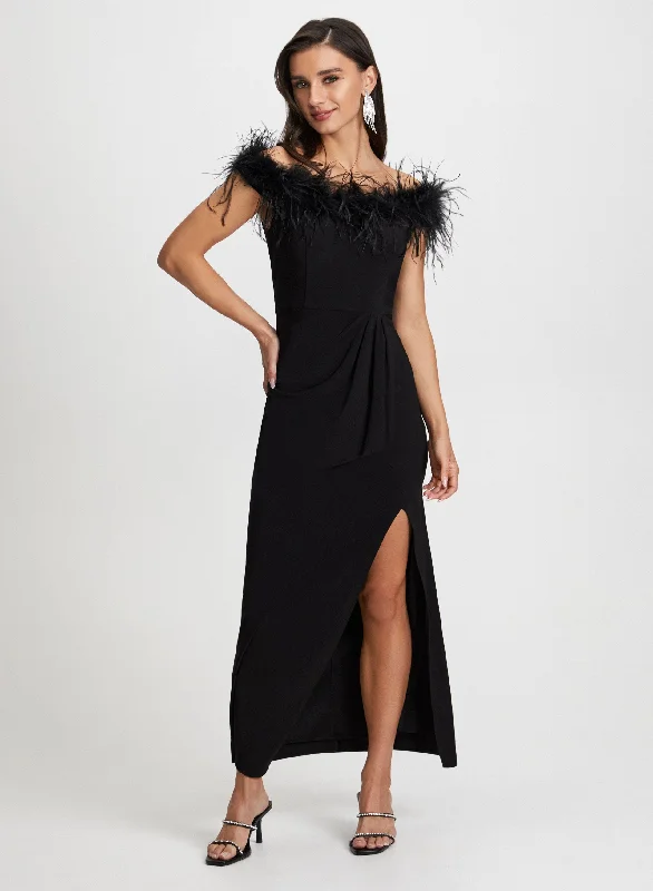 Feather Trim Off-the-Shoulder Dress