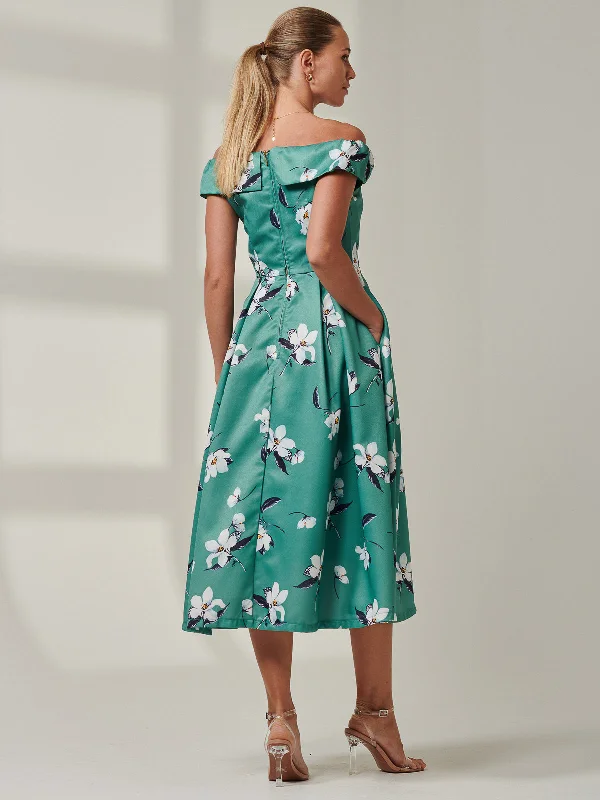 Floral Print  Midi Prom Dress, Teal Floral