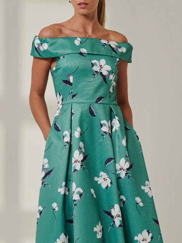 Floral Print  Midi Prom Dress, Teal Floral