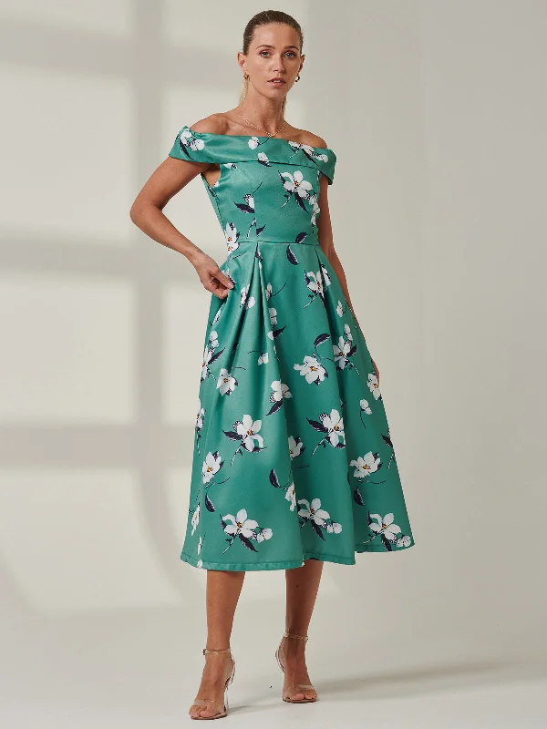 Floral Print  Midi Prom Dress, Teal Floral