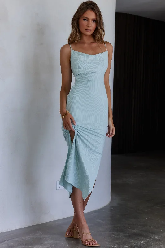 Frieda Cowl Neck Side Split Ribbed Midi Dress Sky Blue