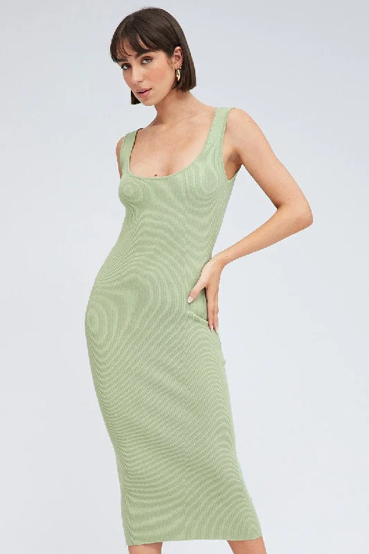 Green Knit Midi Dress Square Neck Sleeveless