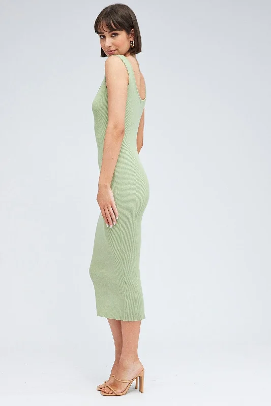 Green Knit Midi Dress Square Neck Sleeveless