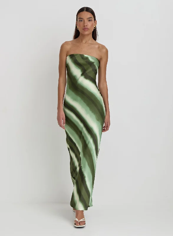 Green Printed Satin Bandeau Maxi Dress- Tessi