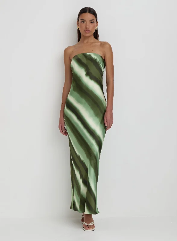 Green Printed Satin Bandeau Maxi Dress- Tessi