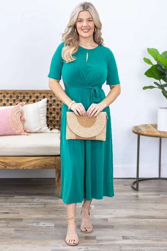 Green Self Tie Short Sleeve Midi Dress