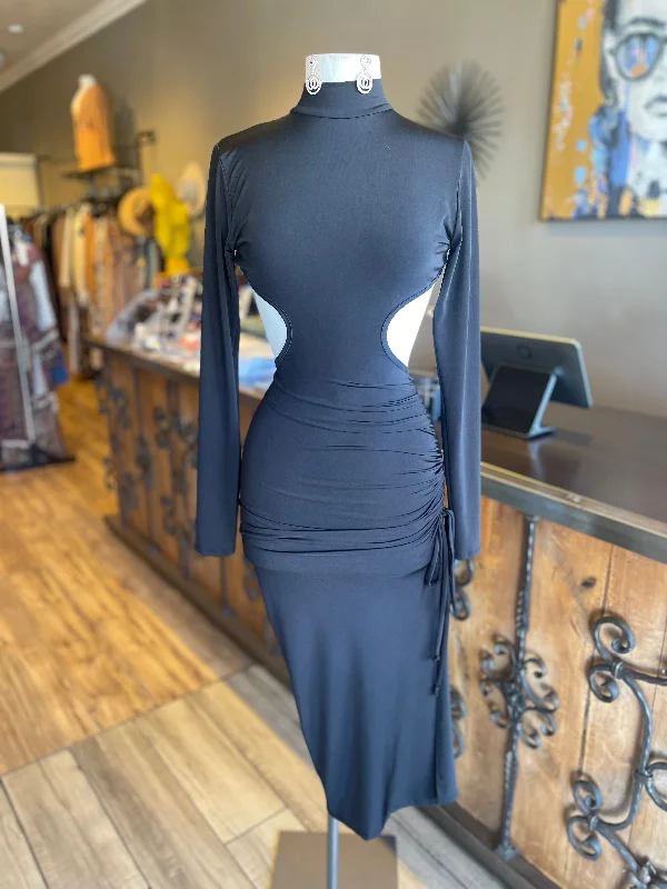 Long Sleeve Slit Open Back Ruched Dress