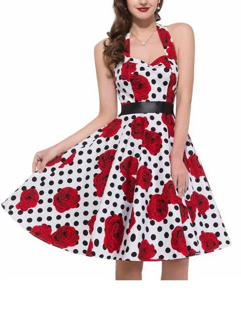 BerriesJam - 2024 Polka Dot Print Retro Halter Pin Up Rockabilly Party Dress