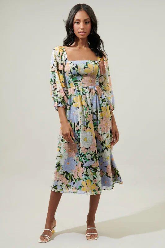 Topanga Floral Amaretto Puff Sleeve Midi Dress