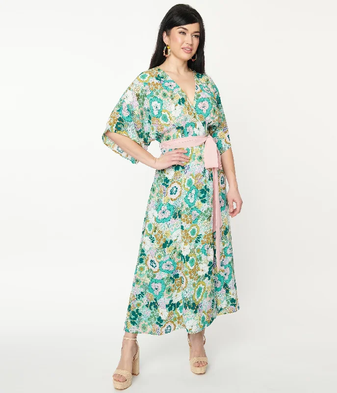 Unique Vintage 1970s Mint Green & Pink Floral Wrap Midi Dress