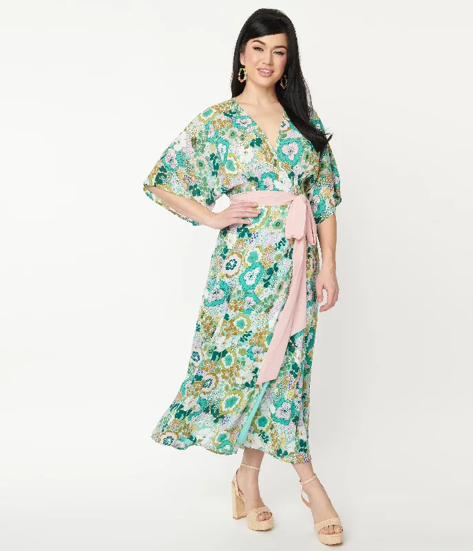 Unique Vintage 1970s Mint Green & Pink Floral Wrap Midi Dress