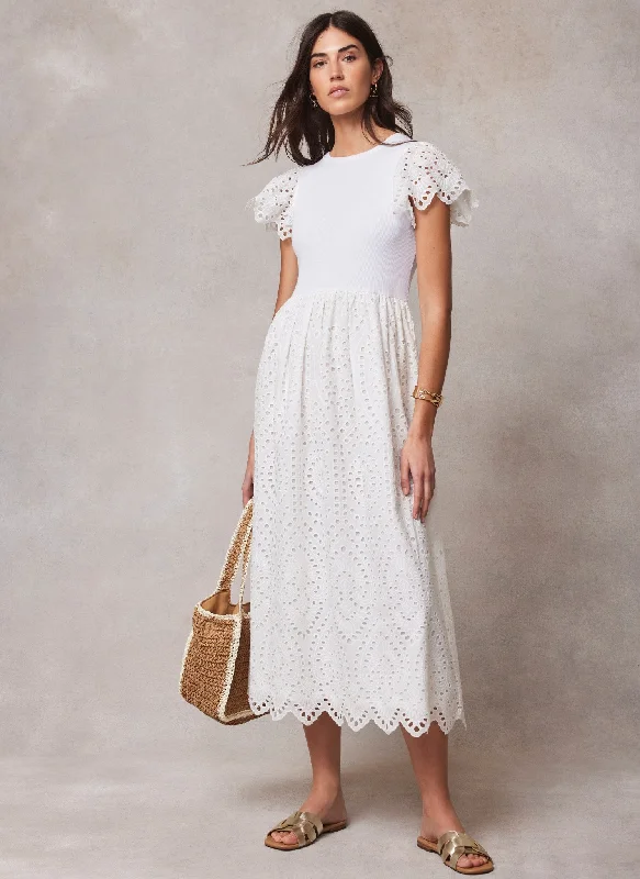 White Jersey Broderie Midi Dress