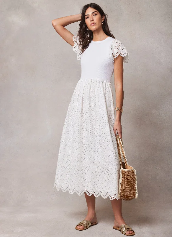 White Jersey Broderie Midi Dress