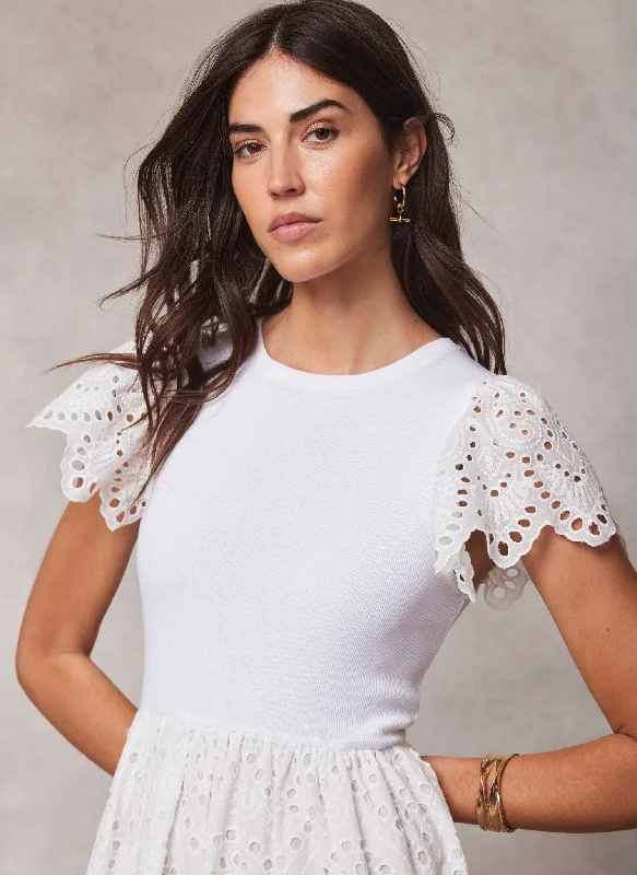 White Jersey Broderie Midi Dress