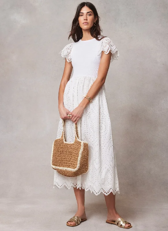 White Jersey Broderie Midi Dress