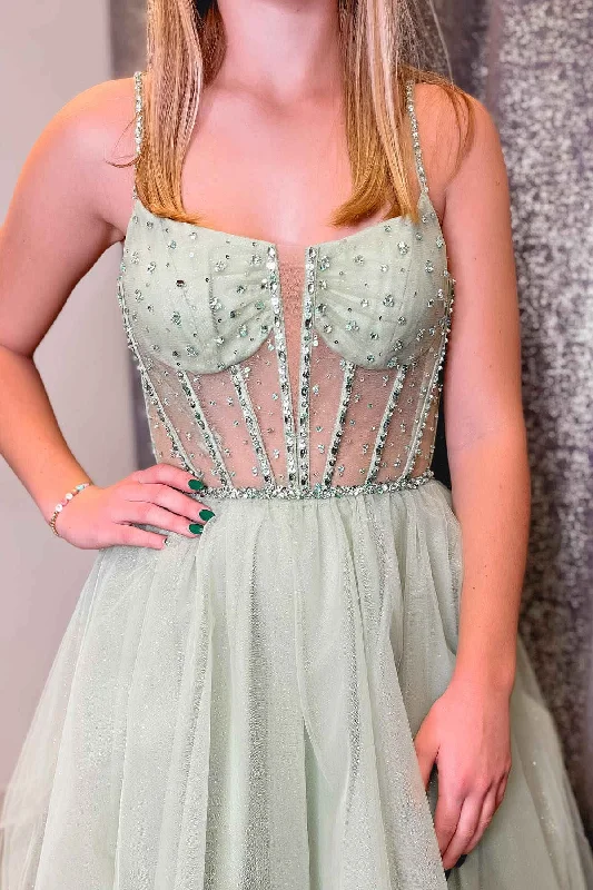 A-Line Sage Green Straps Sequin Beaded Tulle Prom Dress PSK488