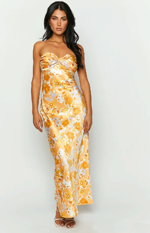 Ashley Orange Floral Formal Maxi Dress