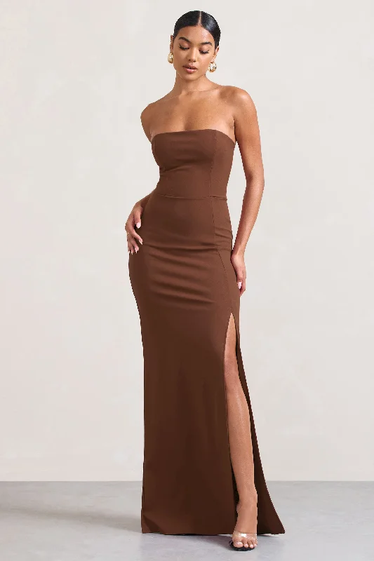 Belle of The Ball | Brown Bandeau Maxi Dress With Split Hem