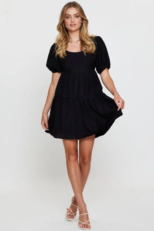 Black Fit And Flare Dress Short Sleeve Open Back