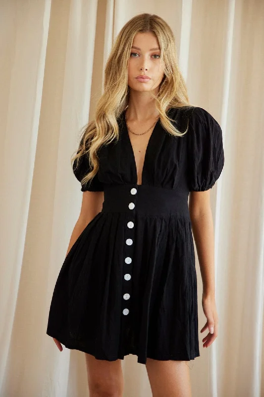 Black Fit And Flare Dress Short Sleeve V Neck