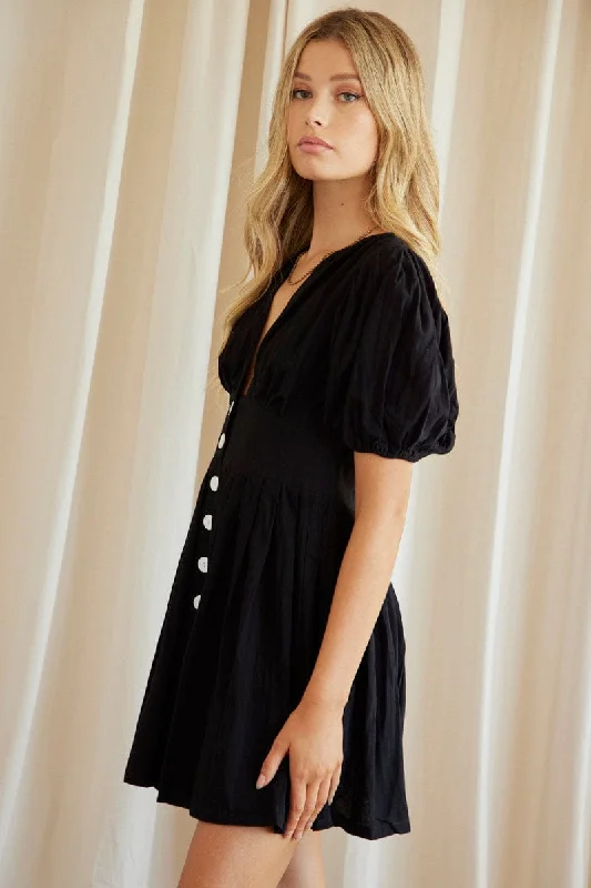 Black Fit And Flare Dress Short Sleeve V Neck