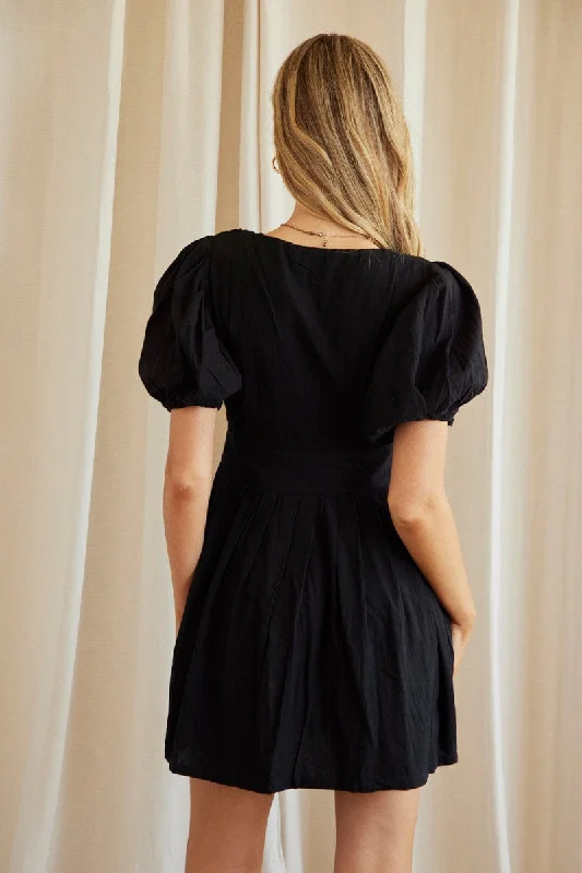 Black Fit And Flare Dress Short Sleeve V Neck