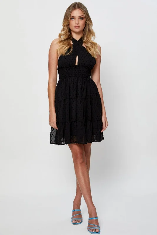 Black Fit And Flare Dress Sleeveless Halter Neck