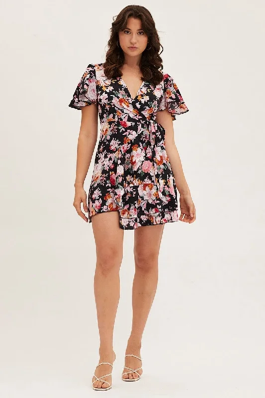 Black Floral Wrap Mini Dress