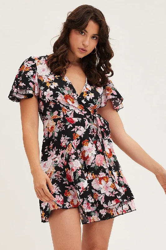 Black Floral Wrap Mini Dress