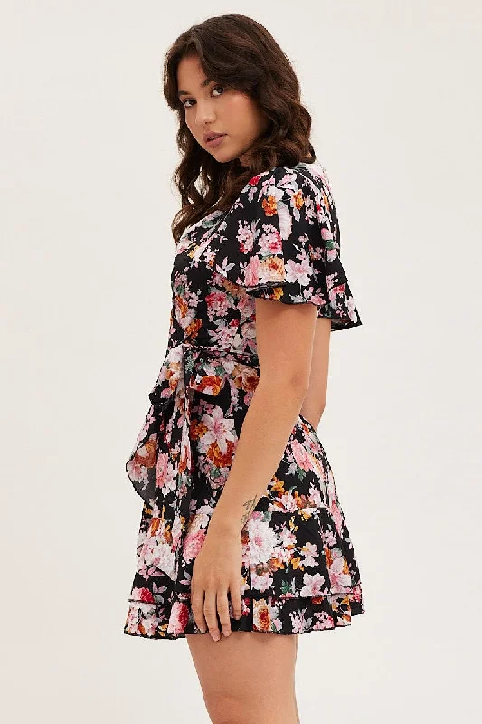 Black Floral Wrap Mini Dress