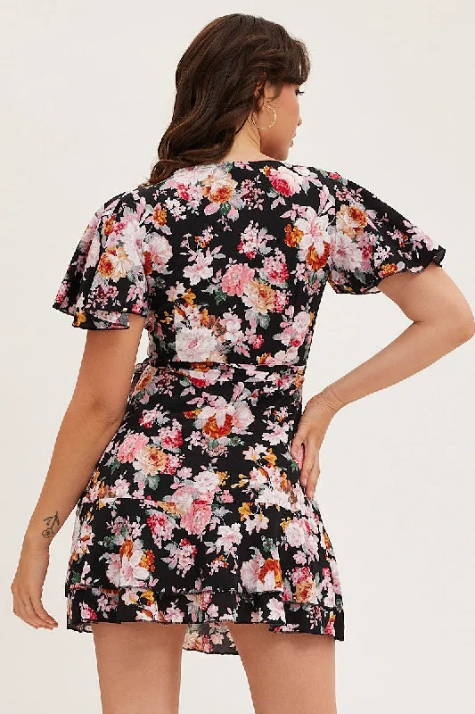 Black Floral Wrap Mini Dress