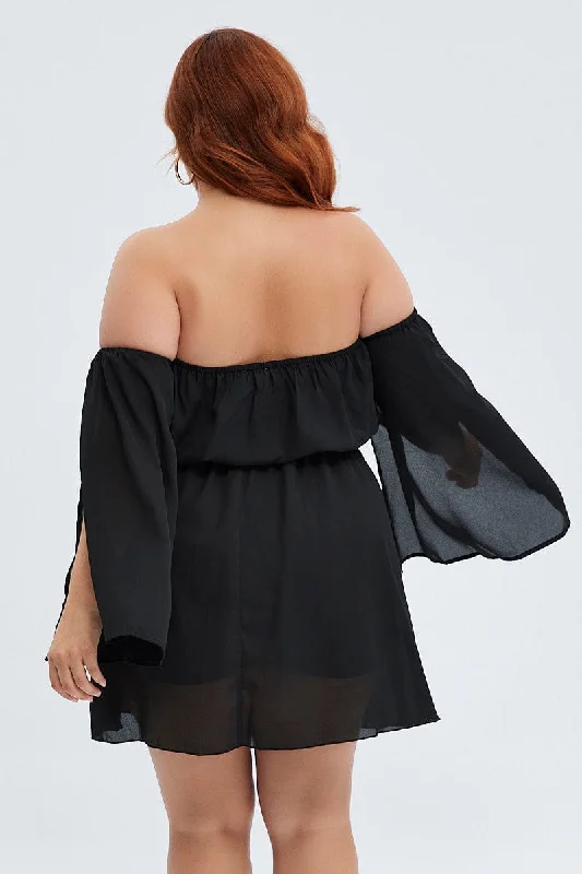 Black Mini Dress Off Shoulder Elastic Waist