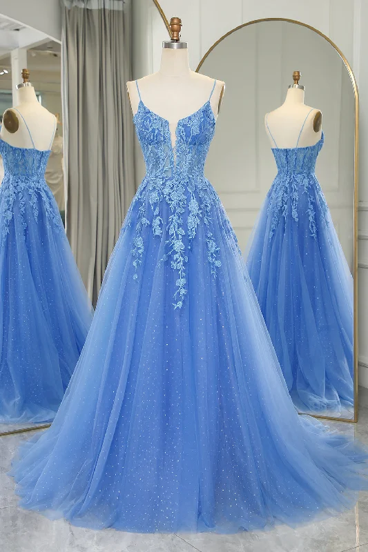 Blue A Line Tulle Long Prom Dress With Appliques