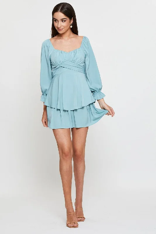 Blue Fit And Flare Dress Long Sleeve Scoop Neck