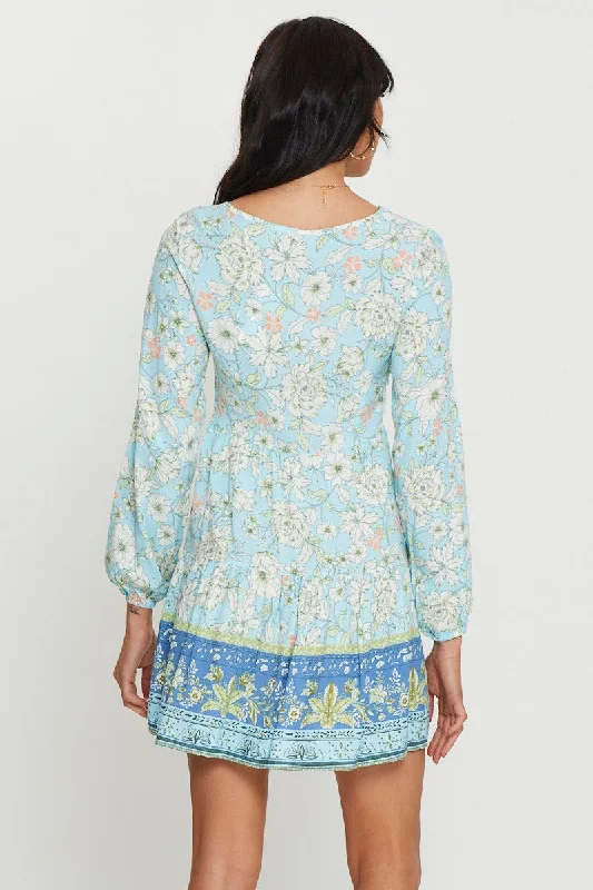 Boho Print Mini Dress Long Sleeve