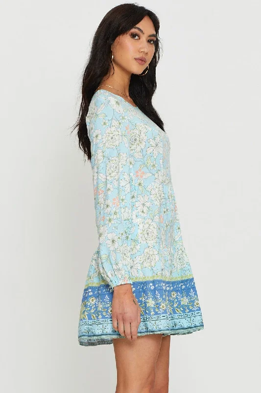 Boho Print Mini Dress Long Sleeve