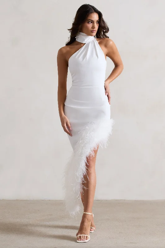 Brilliance | White Asymmetric Maxi Dress With Feather Trim